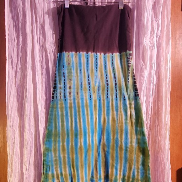 "GREEN" Tie Dyed Dress Swim Suit Cover-up with Spaghetti Tie-strap Around Neck - Picture 5 of 7